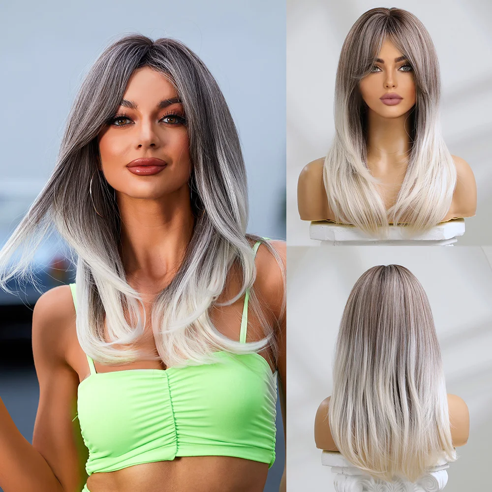 

oneNonly Synthetic Wigs for Women Long Straight Gray Ombre Blonde Wig with Bangs Lolita Party Natural Wigs High Temperature Hair