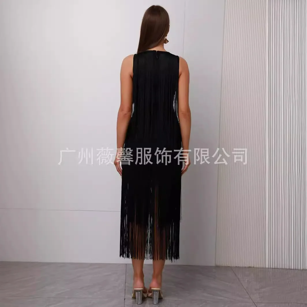 

2024 Sexy Women's Wear Tassel Bandage Dress O-Neck Sleeveless Slim Fit Long Dress Cocktail Evening Party Vestidos