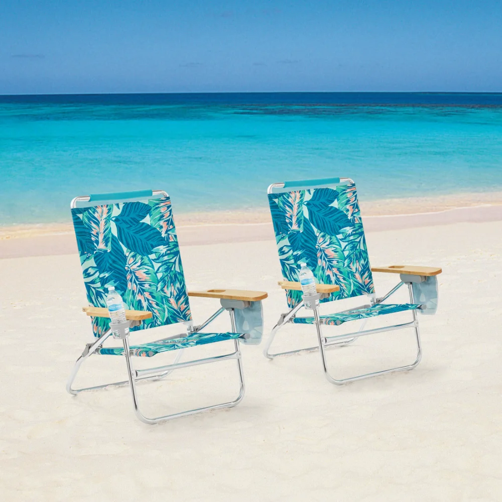

New 2-Pack Mainstays Wood Arm Reclining Comfort Height Beach Chair, Green Palm