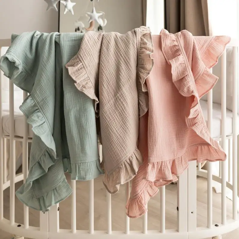 100% Organic Cotton Baby Wrap Gauze Ruffle Baby Blanket Newborn Security Muslin Swaddle Blanket