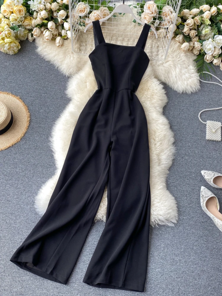 Women Black Rompers 2020 New Summer Sexy Backless High Waisted Straight Pants Jumpsuits Ladies Elegant Body Playsuits Overalls