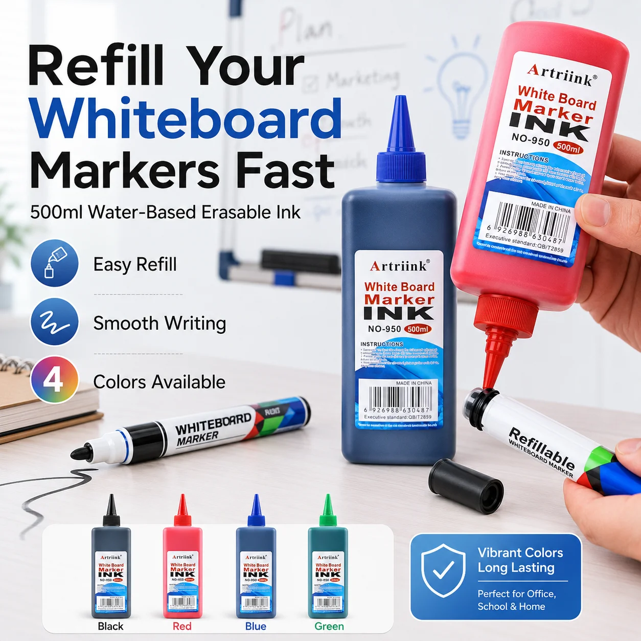 

500ml Whiteboard Marker Refill Ink Water Based Dry Erase Ink Erasable Marker Ink Black Red Blue Green