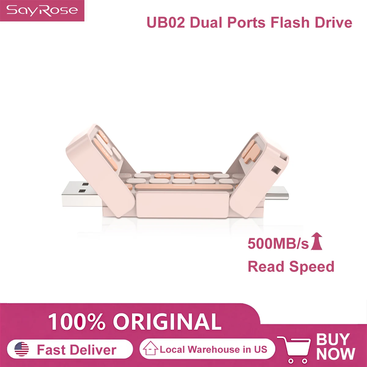 SayRose UB02 Cute Mini Keyboard Style Solid State Flash Drive USB3.2 Gen2 Dual USB A Type C Zinc Alloy 1TB High Speed External Storage For IPhone Laptop Desktop Girls Gift
