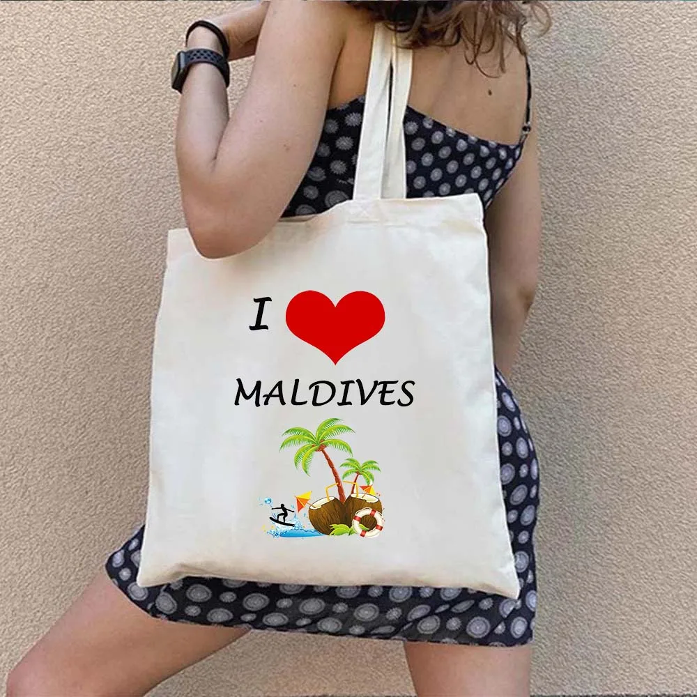 Vintage Summer Beach Holiday Maldives Maldivian Flag Love Heart Shoulder Canvas Totes Bag Shopping Summer Beach Shopper Handbags