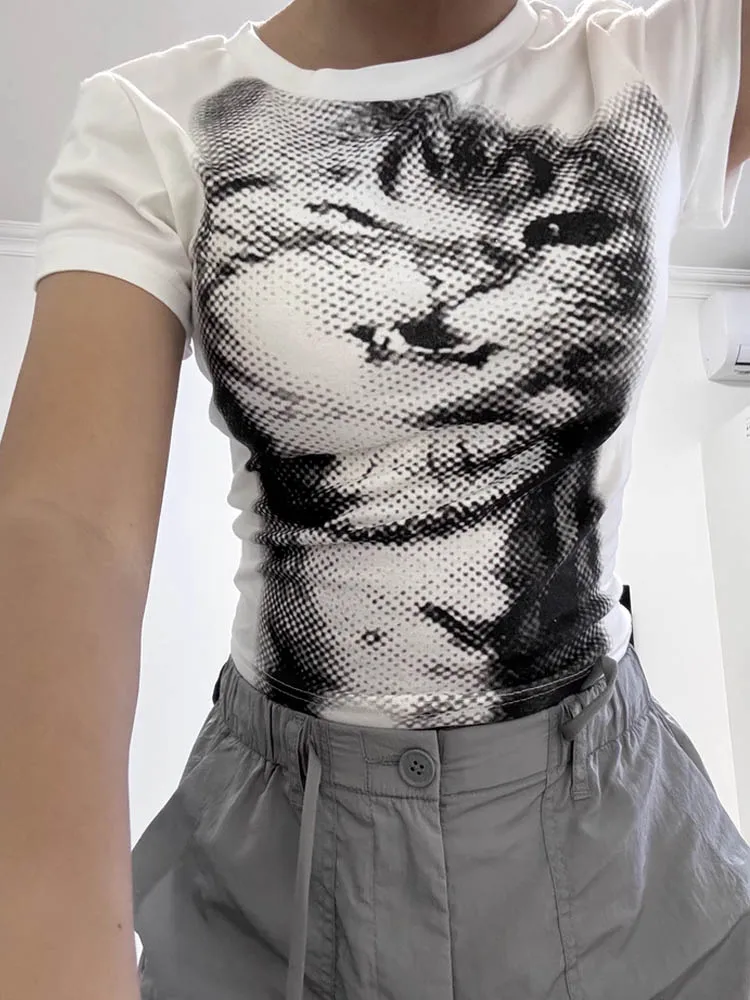 wild cat print low pixel round neck short sleeved T-shirt retro versatile slimming short top image 2