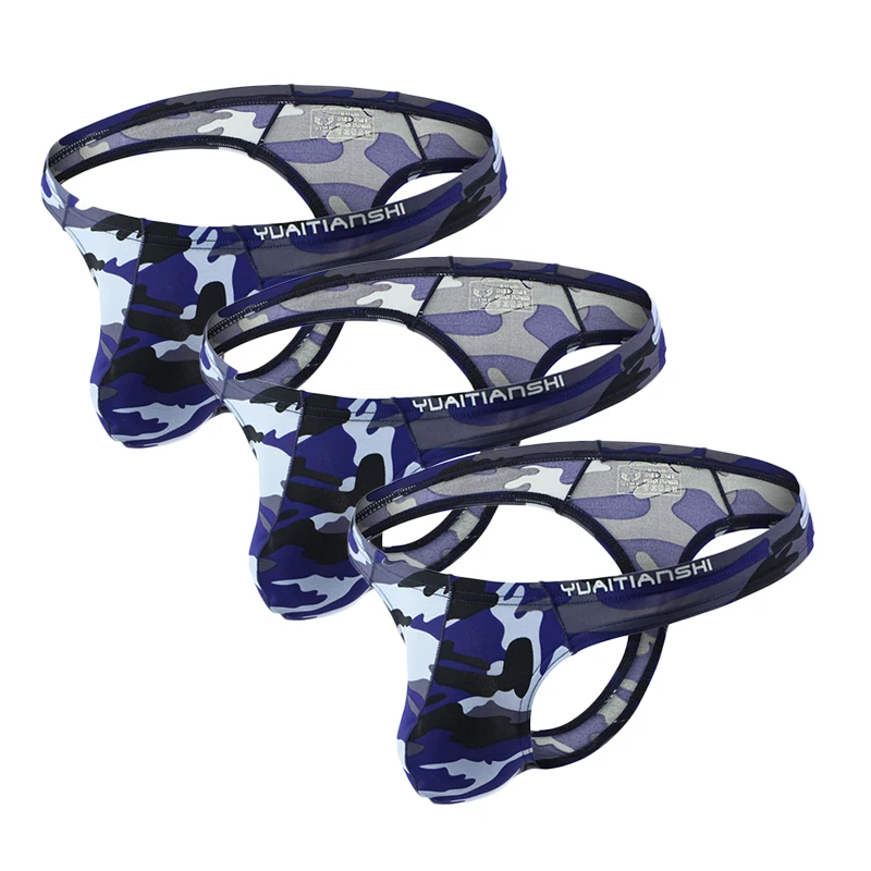 3PCS Sexy Underwear Camouflage Men Thong Underpants Nylon T-Back Bikini G-String Male Printed Panties Male Backless Thongs