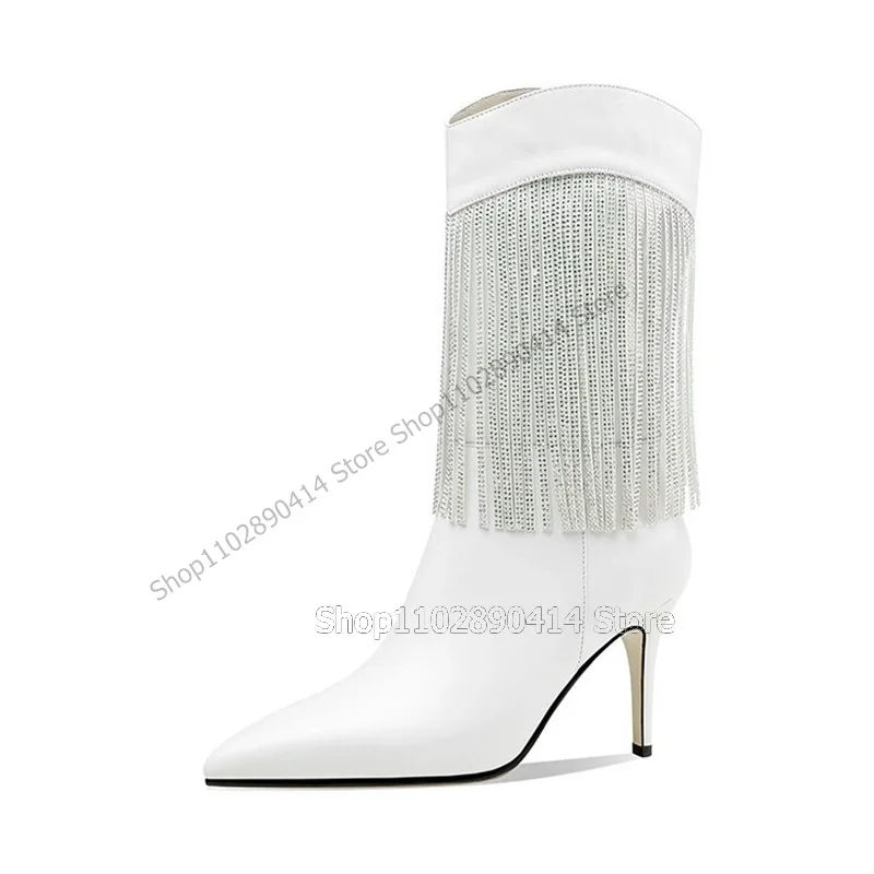 화이트 블랙 크리스탈 태슬 장식 포인티드 토 부츠 슬립온 여성 신발 얇은 하이힐 참신한 패션 2023 여성용 신발
