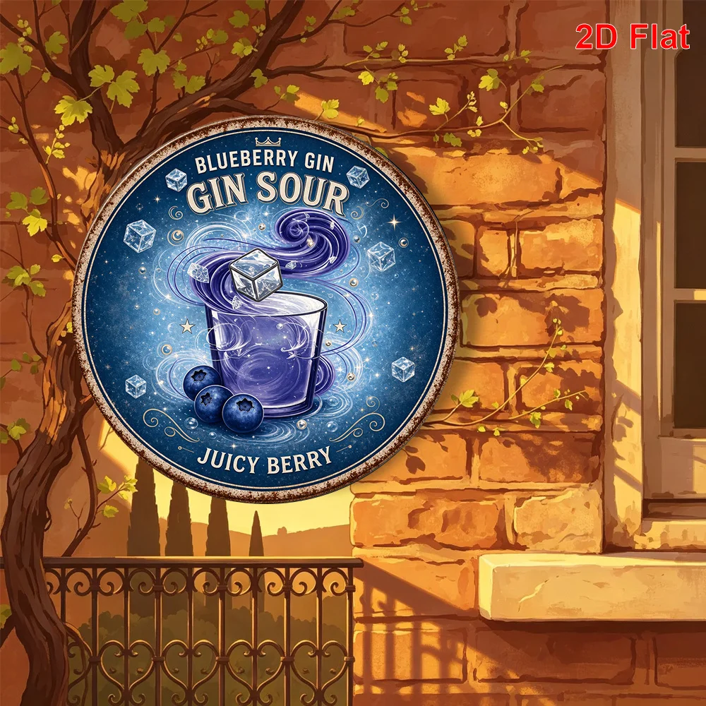 2D Flat 1pc Blueberry Gin Tonic Pattern Metal Skin Sign Round Decorative Painting, Size (7.87In X 7.87In / 20Cm X 20Cm), Suitabl