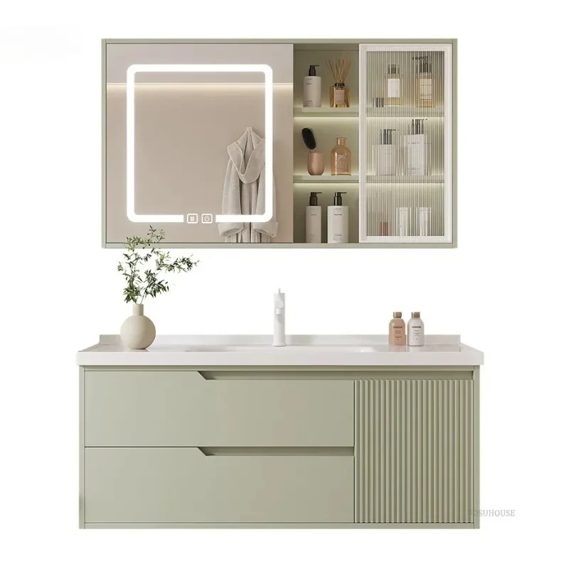 French Oak Bathroom Cabinets Combination Multi-functional Smart Mirror Bathroom Sink Toilet Storage Cabinet