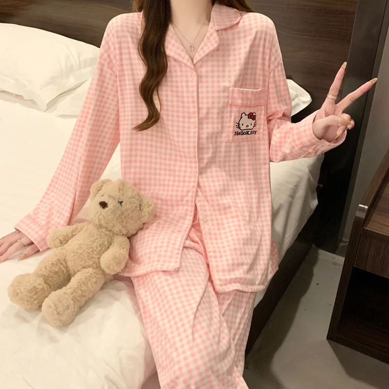 

Sanrio Women's Sleepwear Spring and Autumn Sweet Hello Kitty Long Sleeve Long Pants Loose Home Clothes Set