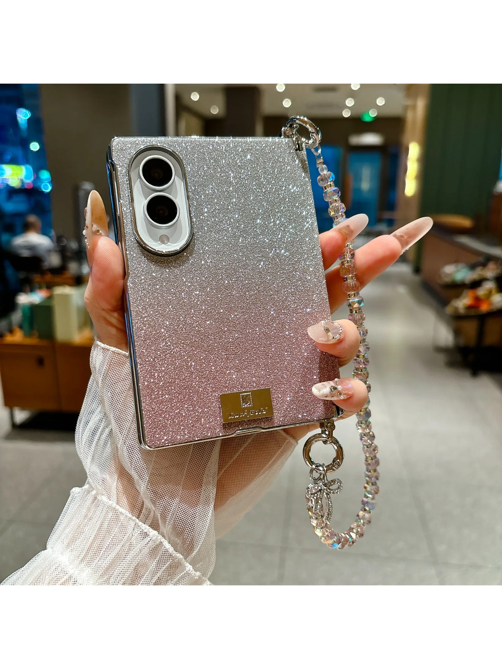Luksusowe etui na telefon Samsung Z Fold 8 z gradientową brokatową skórą, szeroką ochroną zawiasu, odporne na wstrząsy, z paskiem na nadgarstek. — zdjęcie produktu 7