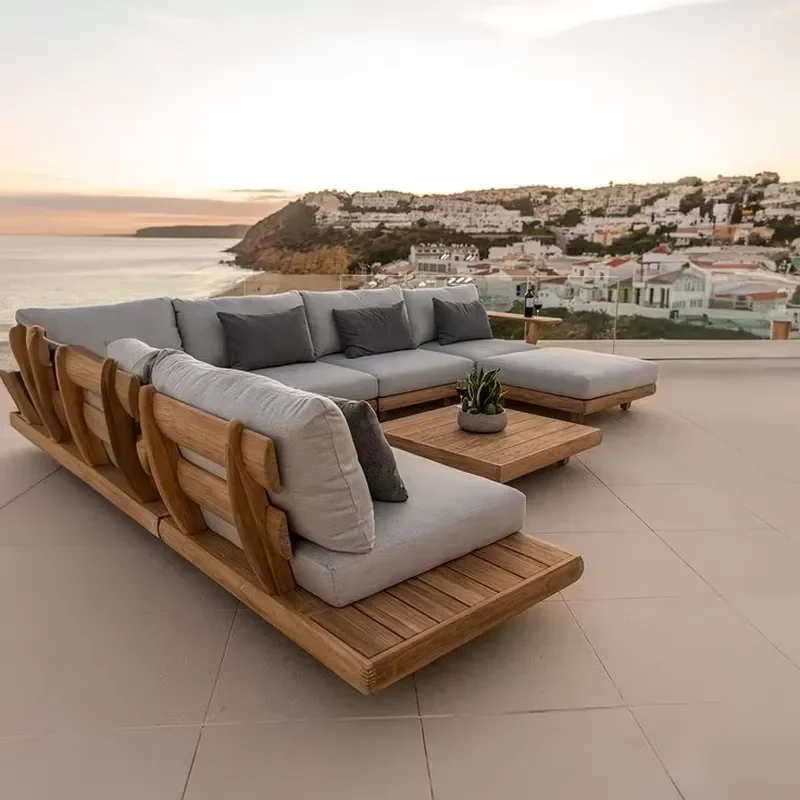 Modern Solid Wood Teak Outdoor Sofa L-Shape Sectional Sofas Set with Cushions for Living Room Garden Patio Hotel Courtyard