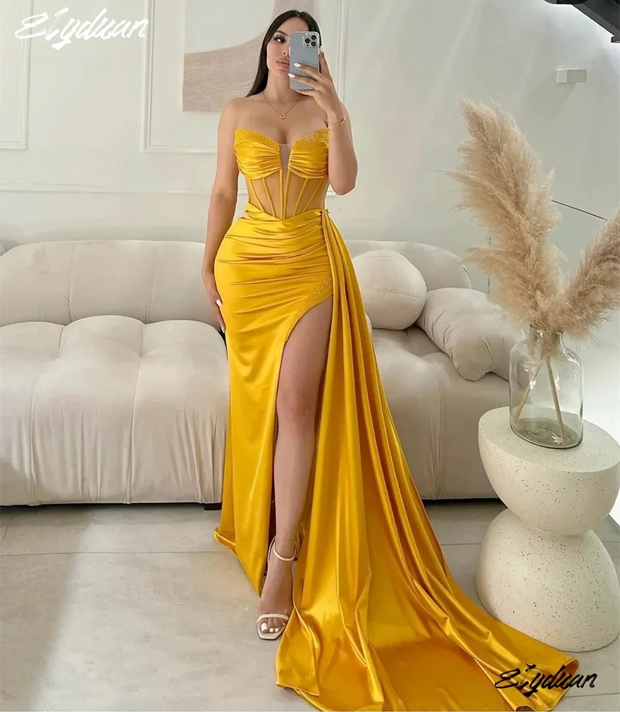 

Современные золотые вечерние платья с высоким разрезом, сексуальное атласное платье без бретелек для выпускного вечера, расшитое бисером, с плиссировкой, на шнуровке сзади, для конкурсов красоты, на заказ