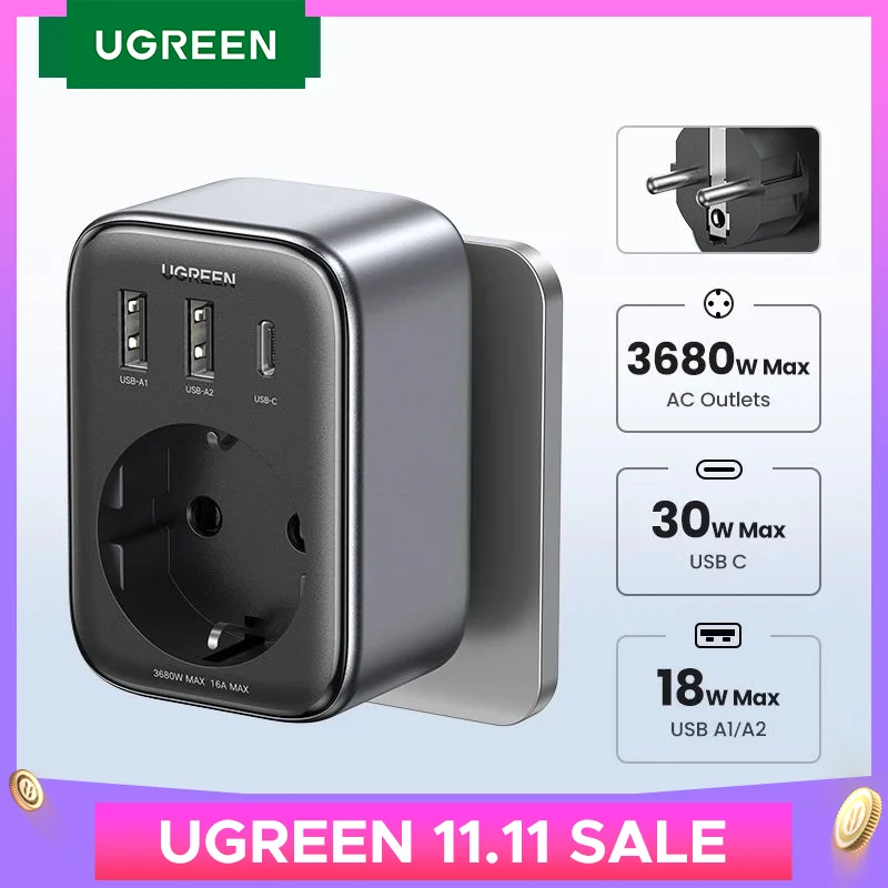 UGREEN 30W GaN PD Charger With AC Outlets Mobile Phone Charger for iPhone 15 14 Xiaomi USB Wall Socket Power Strip Charger