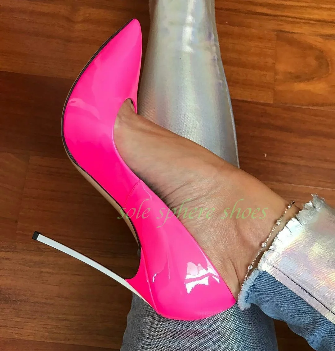 

Lady Pointed Toe Fuchsia Color Party Sexy Pumps Stiletto Heel Sliver Heel Footwear Runway Sexy Pumps Patent Pu Pumps Size 34-46