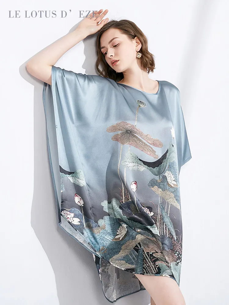

Plus Size 100% Mulberry Silk Sleepshirts Women's Summer Maternity Loose Fit Dress Batwing Sleeve Fashion Print Nightgown Pajamas