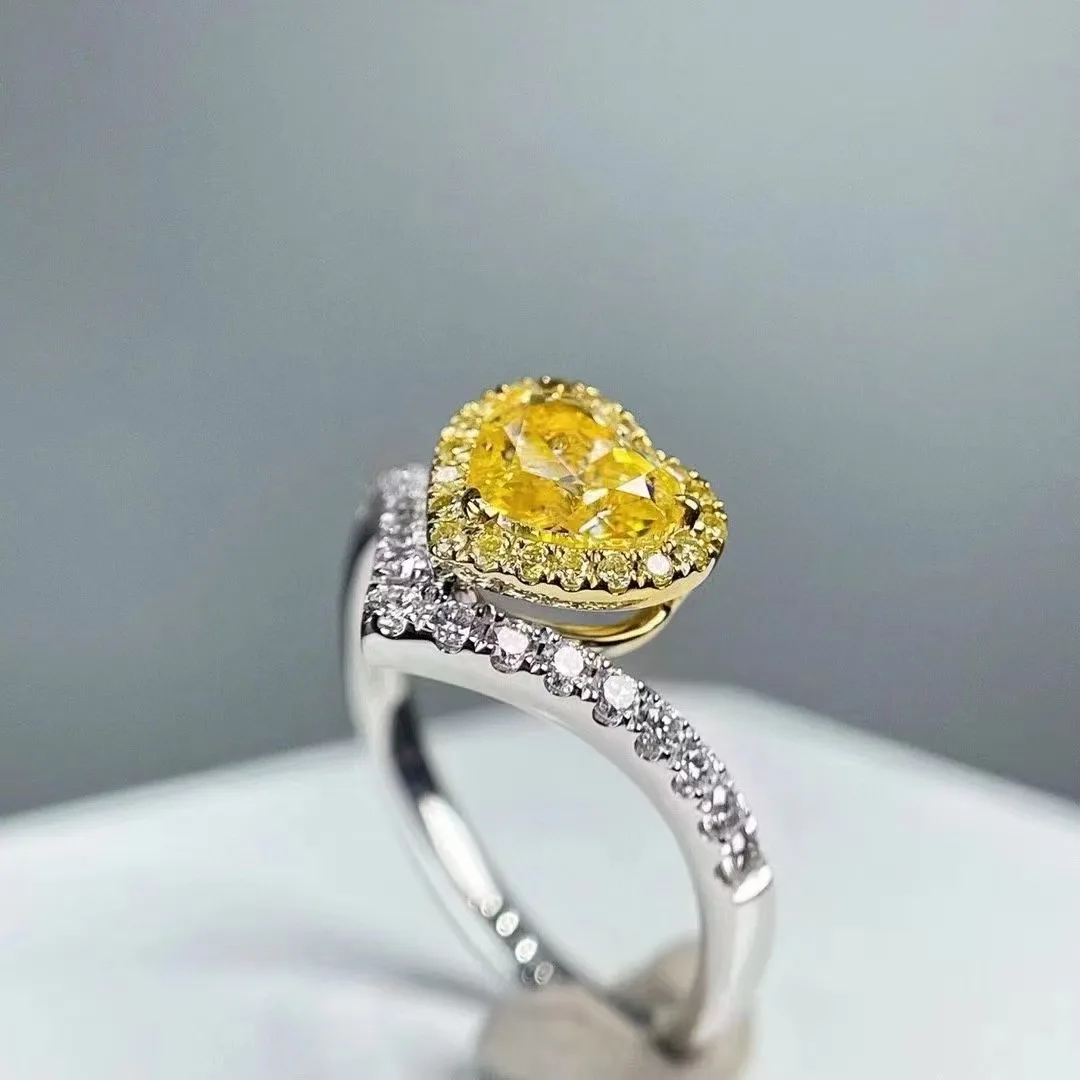 SGARIT Jewelry 18K White Gold Inlaid Diamond Love Heart Ring Classic 1.15 Carat Heart Cut Yellow Diamond Halo Ring for Woman