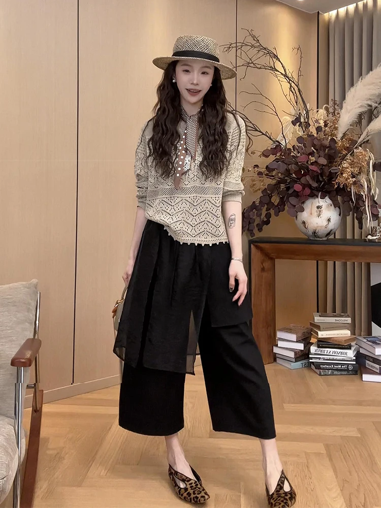 

Retro Hollow out Long Sleeve Top And Casual Pants Set Elegant Spring Fashion Women's High Waist Nine Points Skirt Breathable
