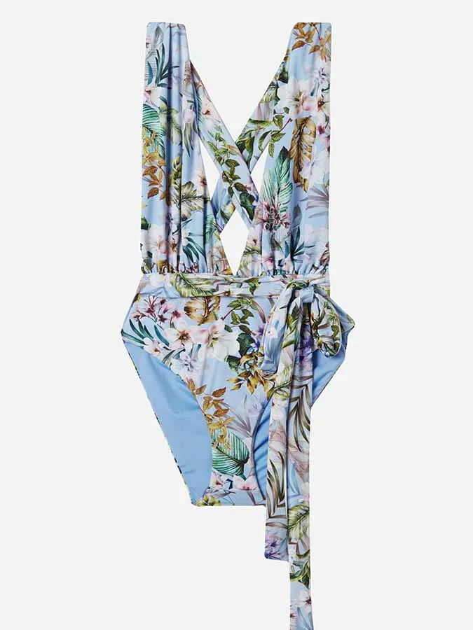 

Women's Floral Print Deep V Neck Beachwear Fashion Swimwear Summer 1-Piece with Waist Strap Bathing Suits Sexy / New 2023