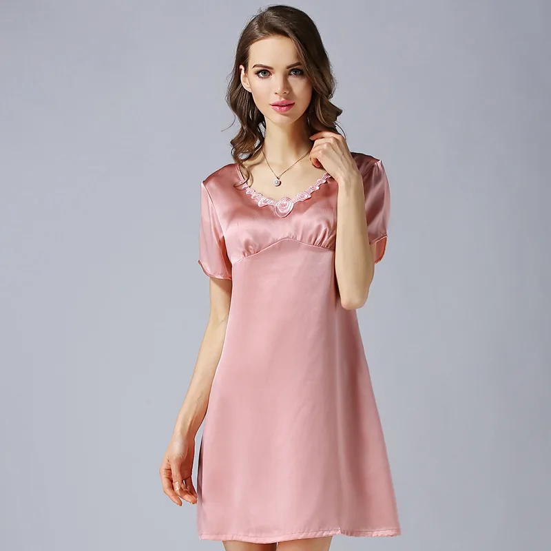 

Women's Spring and Autumn Summer High Quality Real Silk Pajamas Short Sleeve Nightdress Lace Home Wear