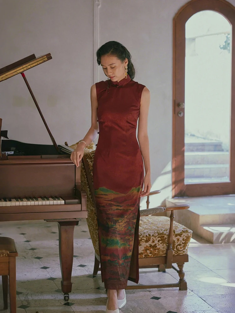 

Винтажное классическое китайское платье Momei с длинными рукавами, низким разрезом, для повседневной носки, с цветочным узором, традиционное ханьфу