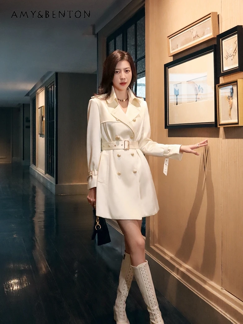 High-Grade White Silk Satin Blazer Collar Jackets Fashion Metal Buckle Midi Lace-up Socialite Temperament Slim Jackets for Women