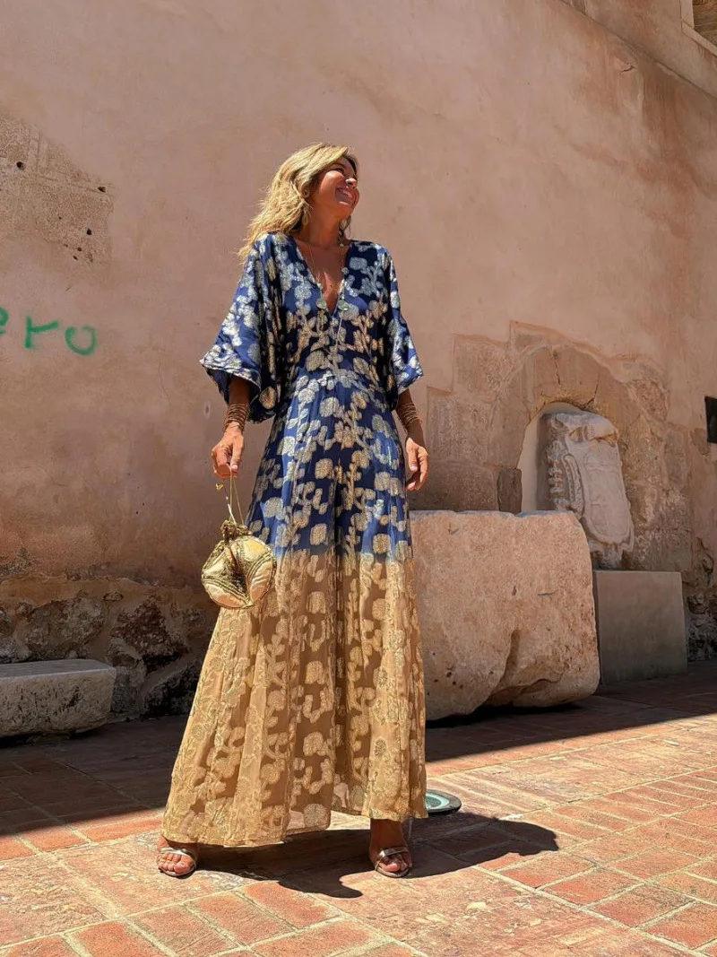 Mono con estampado degradado para mujer, peto Sexy con cuello en V, Espalda descubierta, abertura holgada, piernas anchas, ropa de calle a la moda,