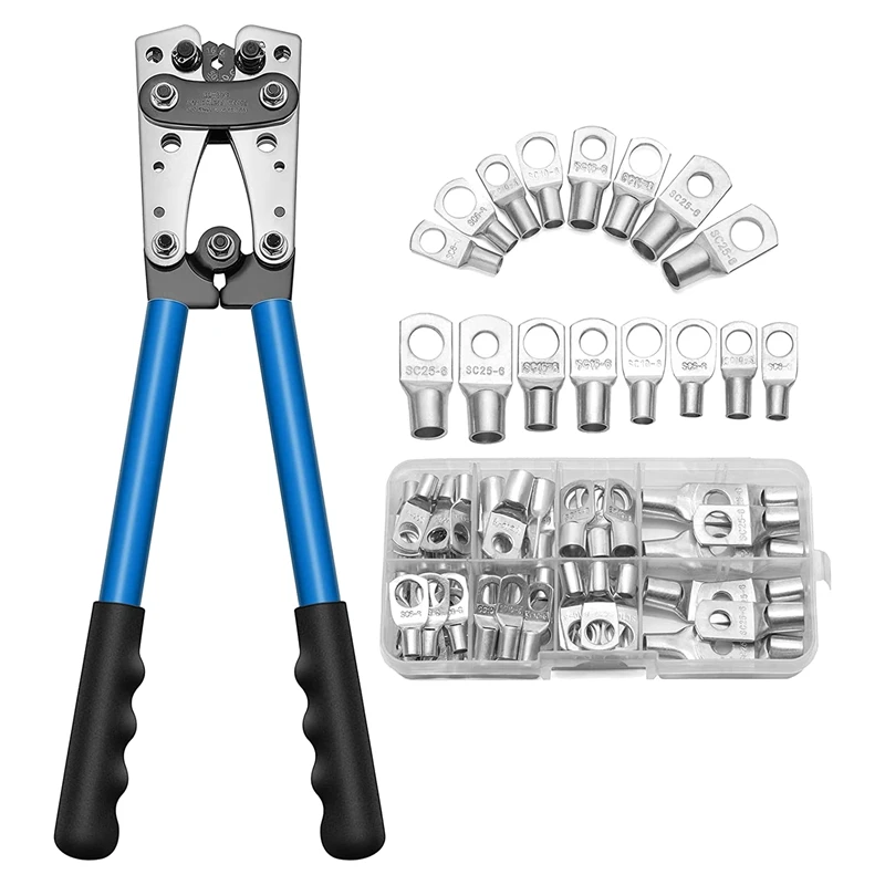 Battery Cable Lug Crimp Tool For AWG 10, 8, 6, 4, 2, 1 Terminal And 60 Piece 8Specs Cable Lug Kit