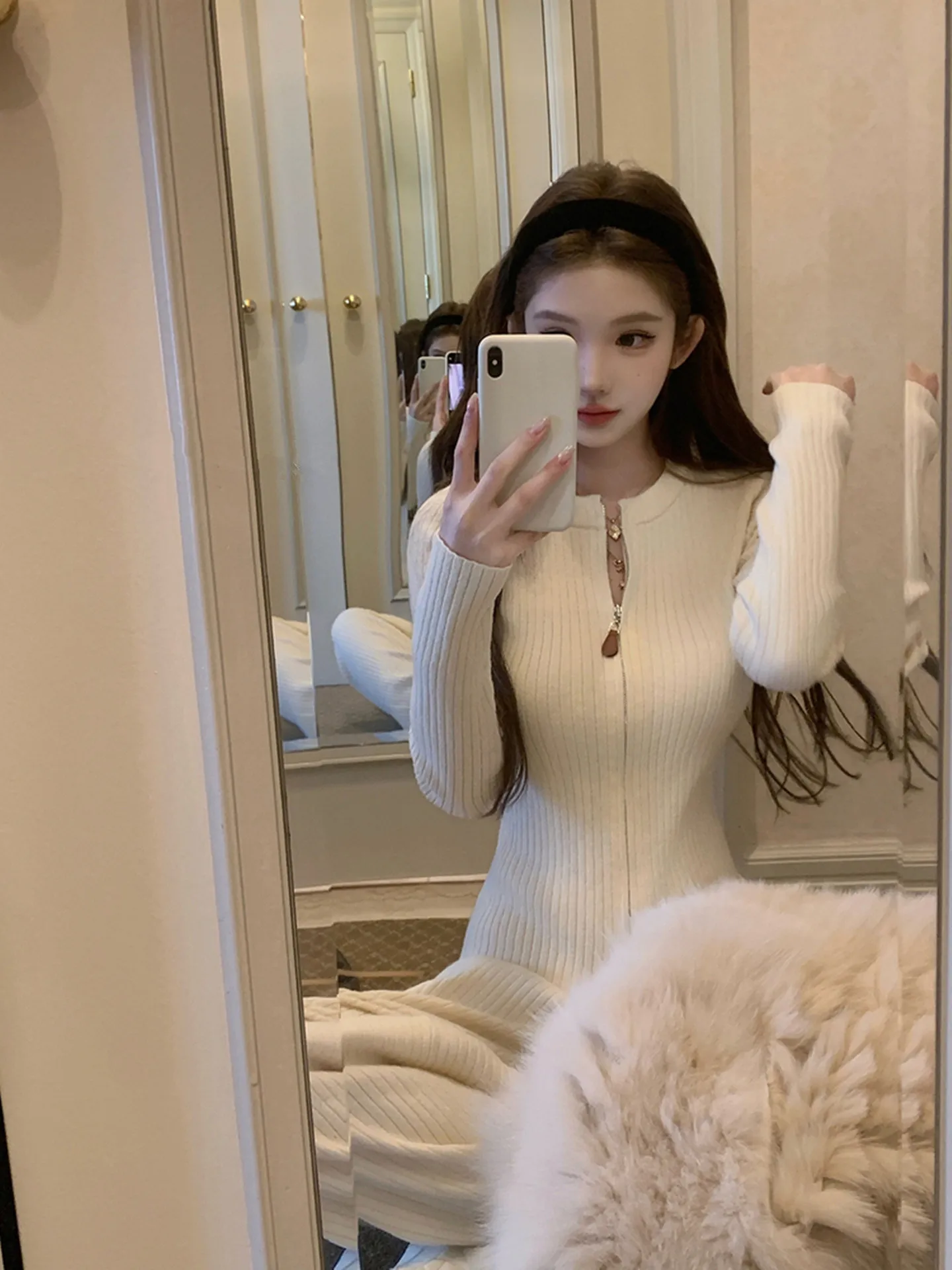 Berlin Love Hand Knitted Set High Waist Straight Leg Pants Zipper Texture Knitwear Elastic Waistband Simple Style Women's Suit
