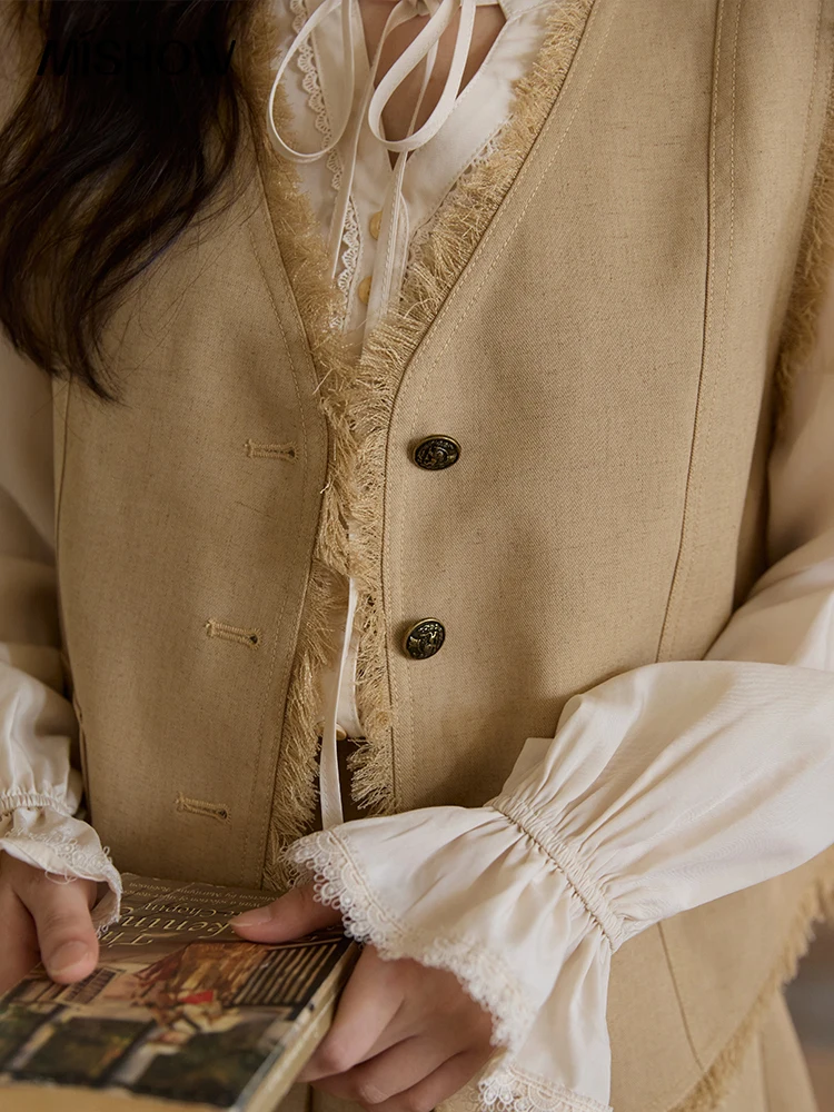 MISHOW kaki ourse rugueuse gilet manteau jupe plissée deux pièces ensemble 2025 automne femmes lin mélange rétro ensemble bureau dame MXE41T0690