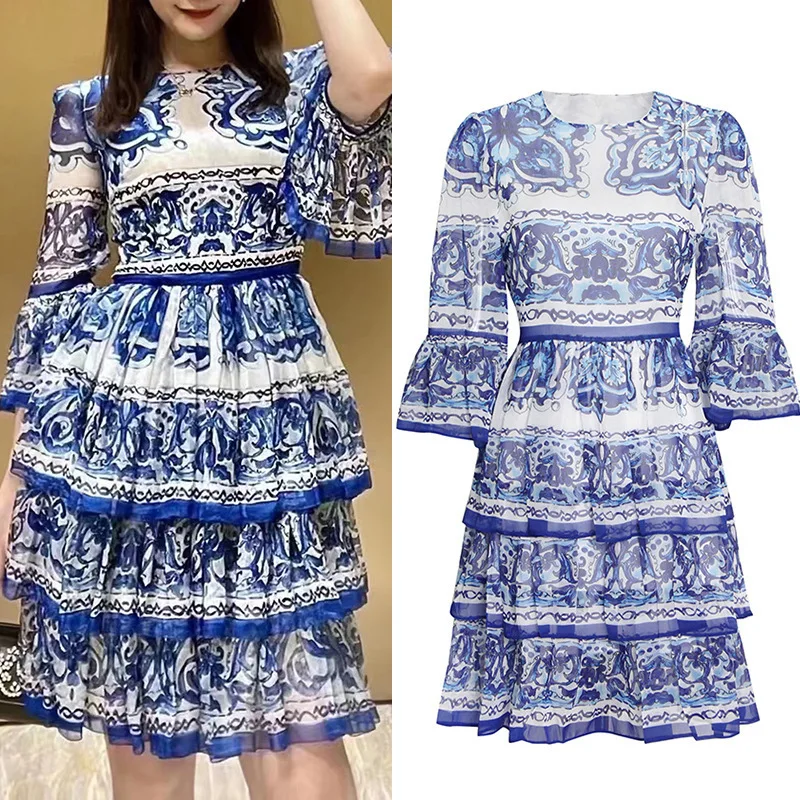 Women Dress Runway 2023 Summer Clothes Midi Dress Spaghetti Strap Blue White Porcelain Elastic Bust A-line Vintage Long Dresses