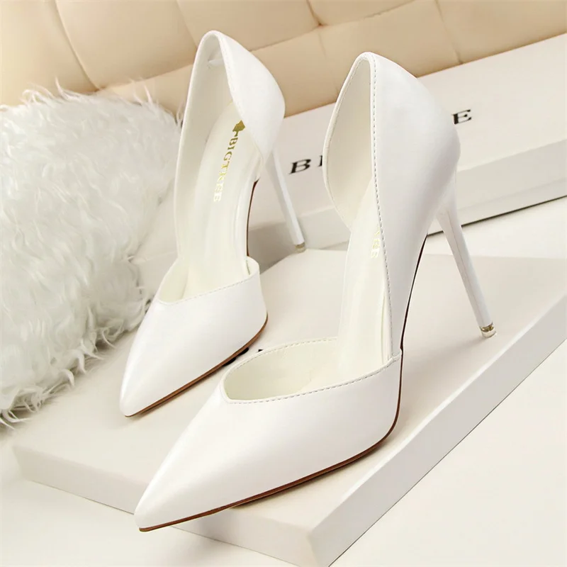 Women Pointed Shallow Mouth Side Hollow Thin High Heels Leather Shoes Elegant Sweet Pink Stiletto Wedding Party Shoes