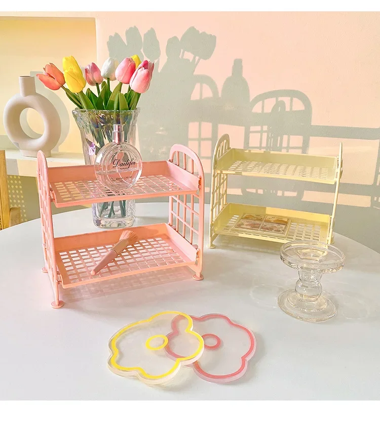 Desktop Double-layer Folding Storage Rack Foldable Dormitory Storage Holders Artifact Free Installation Desk Girl Sundries Rack