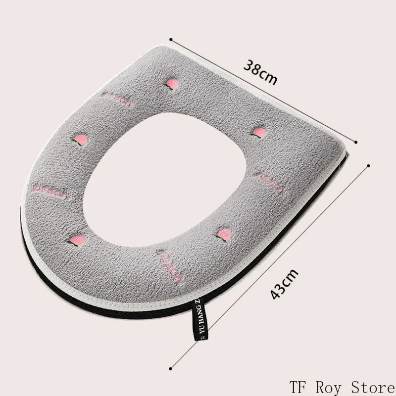 Peach Pattern Thickened Toilet Mat Universal Waterproof Zipper Embroidered Toilet Cover Home Toilet Seat Cushion Four Seasons