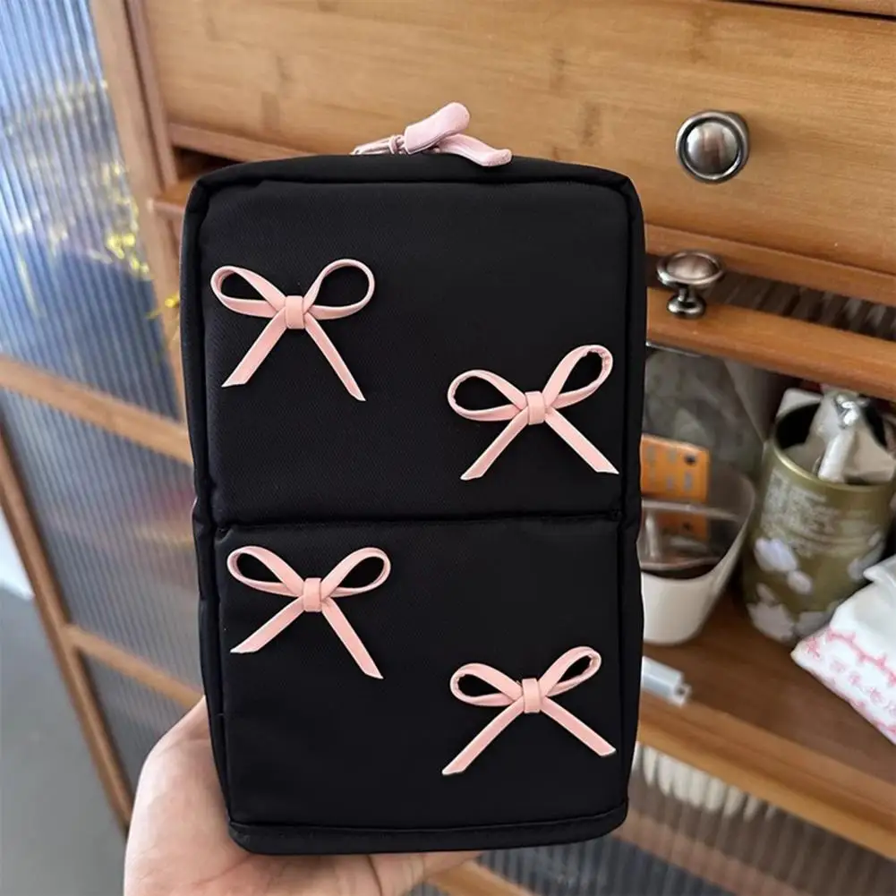 

Magnetic Folding Makeup Bag Capacity Makeup Bag with Pink Bow Decoration Multi-part Cosmetic Storage Case for Women for Beauty