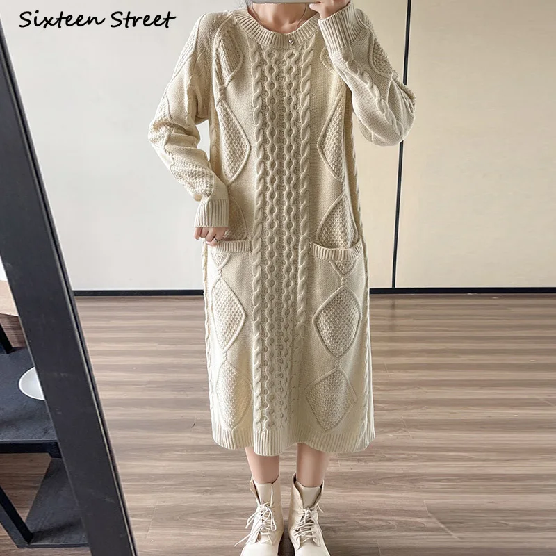 

Vintage Apricot Woolen Dress for Women 2023 Winter Fall Pockets Loose Long Sweater Dress Female O-neck Elegant Knitwear Autumn