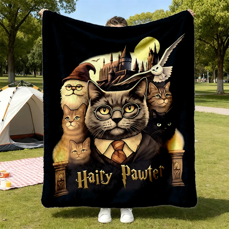 Retro Funny Cat Comfort Flannel Blanket, Cat Wizard Fantasy Flannel Throw, Reader Gift