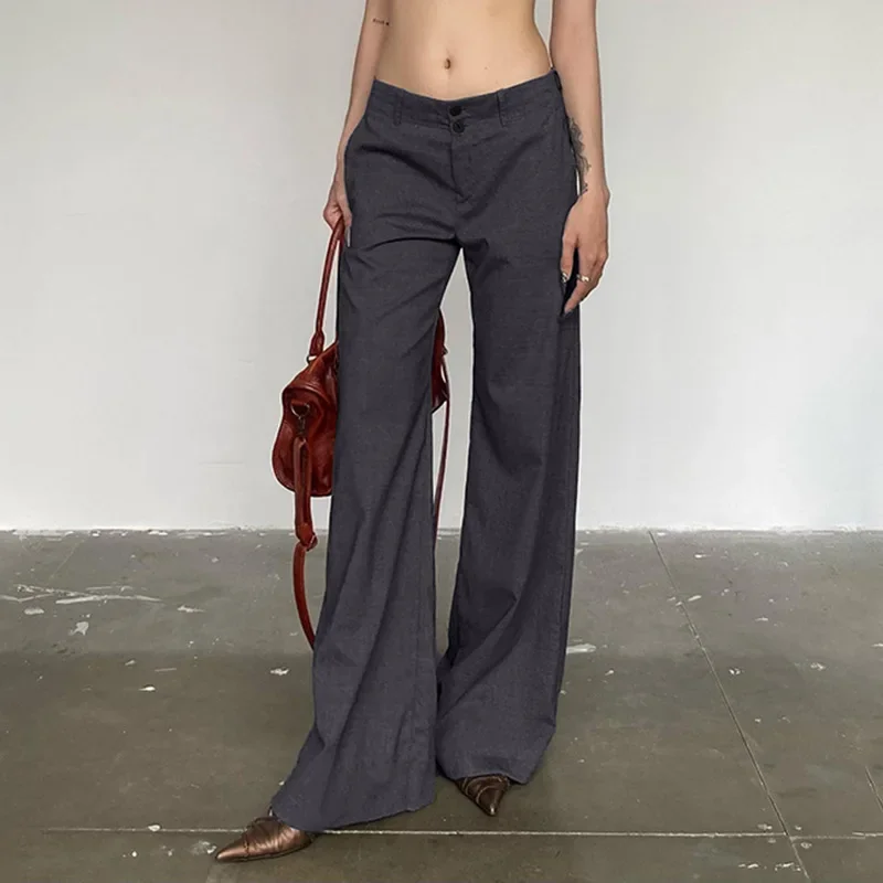 Autumn Spring Casual Basic Low-Waisted Wide Leg Techwear Pants Solid Straight Suitpants Office Elegant Slim Women Streetwear