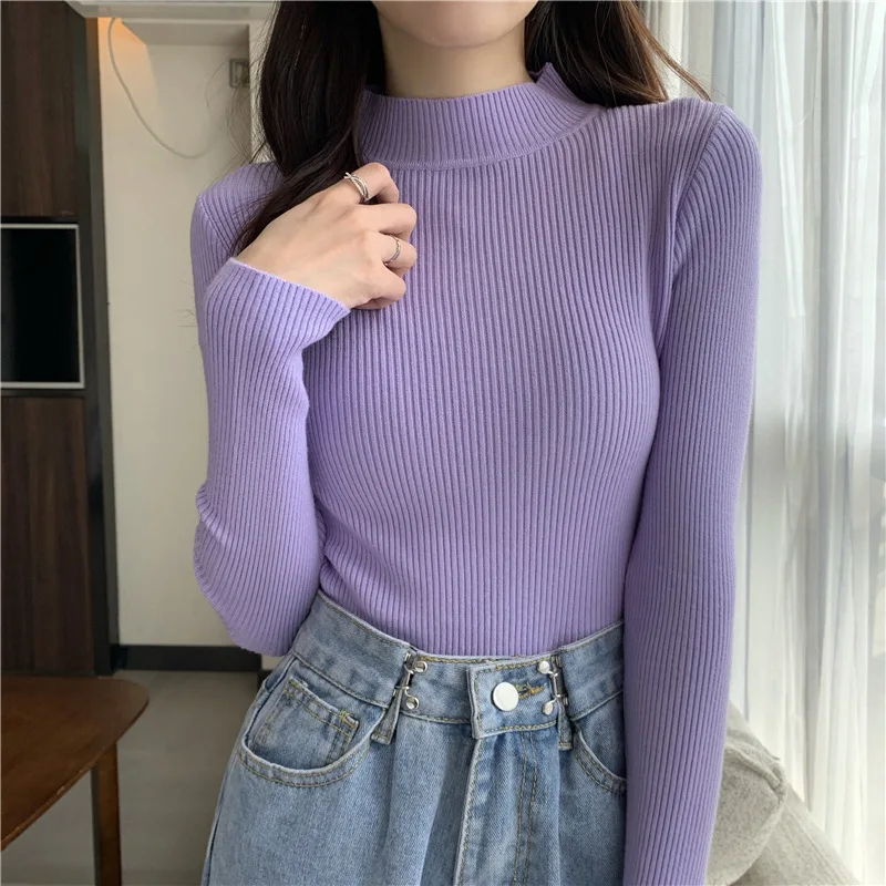 zjaiss 2024 Autumn Basic Bottoming Sweater Top Women Ribbed Soft Mock Neck Elastic Pullover Warm Solid Color Slim Jumper