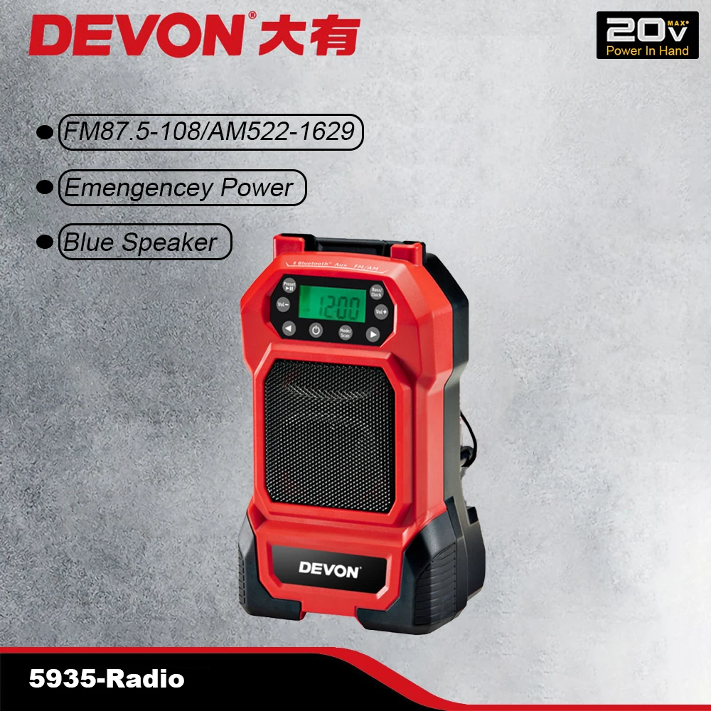 Devon 20v Cordless USB Bluetooth Dual Band Radio 5935 External Speaker USB Power Charging Universal Flex Battery Platform