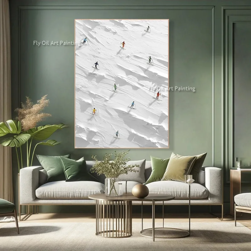 Handmade Simplism Design White Mountains Knife Thick Canvas Oil Painting For Room Decor Winter People Skiing Wall Items Artwork