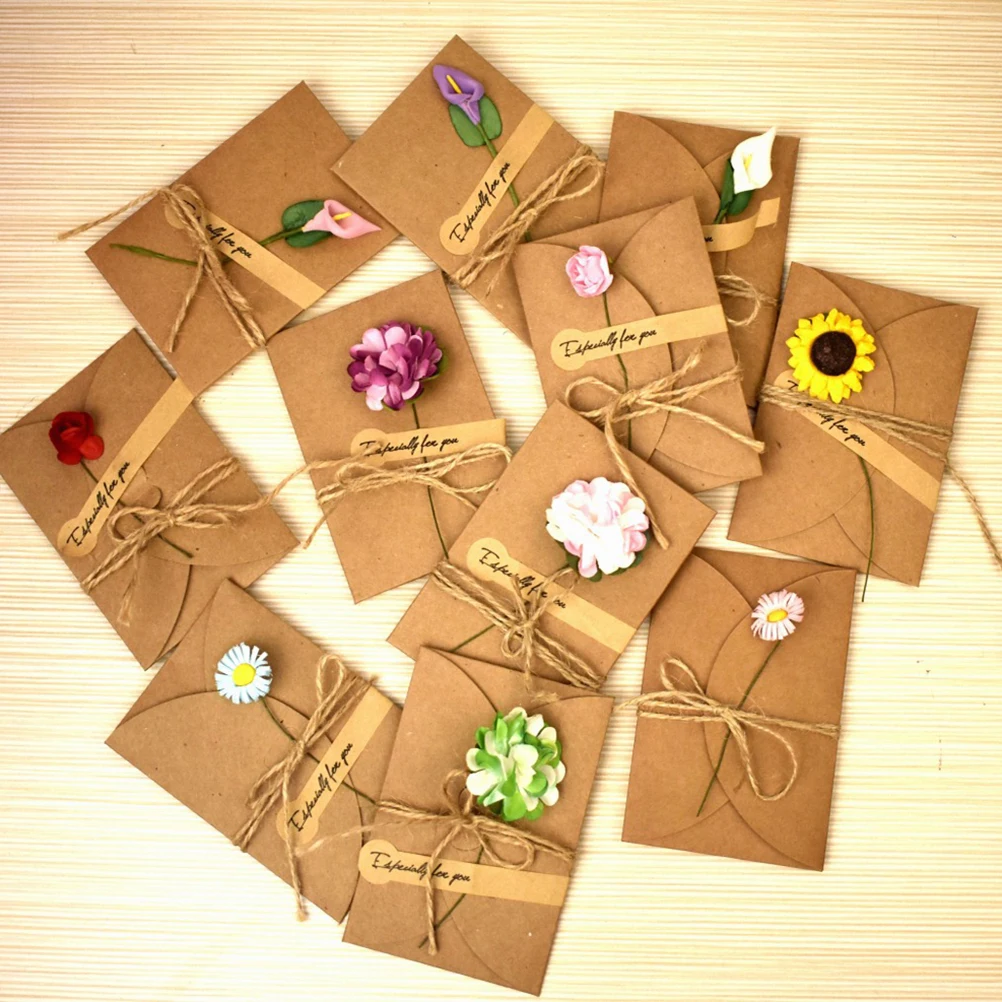 

10pcs Cards Vintage Kraft Paper Christmas Valentines Birthday Wedding Holiday Dried Flowers for Friends