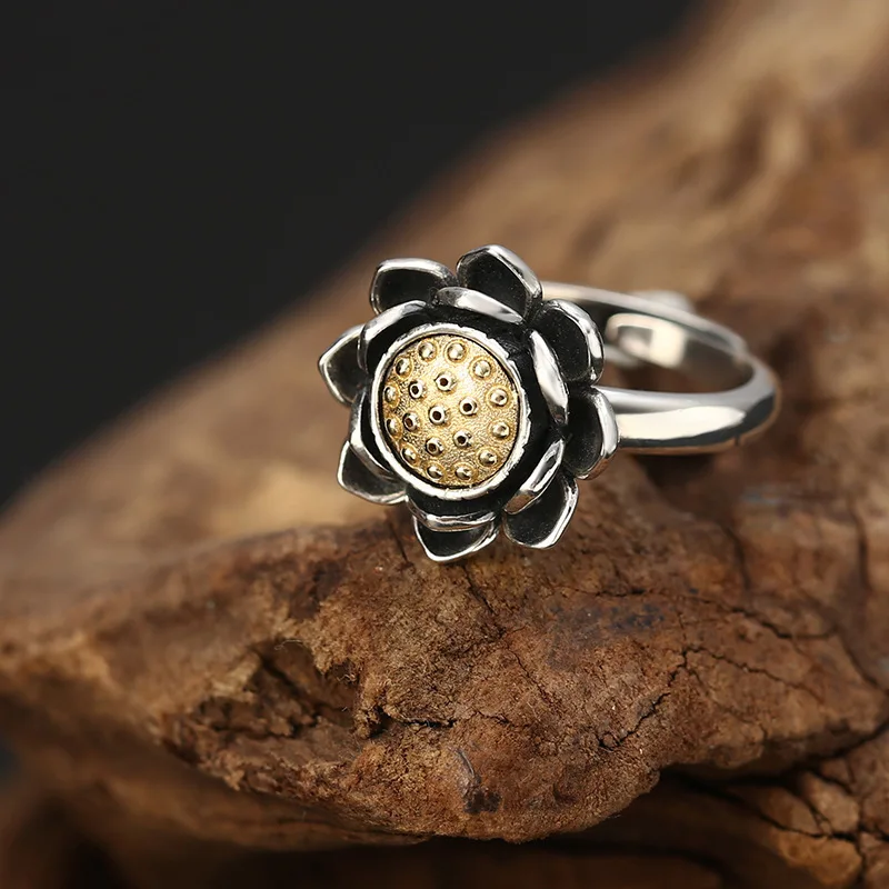 sterling silver jewelry creative versatile and elegant lotus turning ring thai silver open index finger women's ring