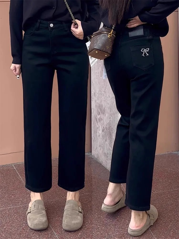 

Джинсы Bla Fce Lined Thi с прямыми штанинами, женские осенне-зимние новые большие размеры, толстые мм, с высокой талией, утягивающие сигареты...