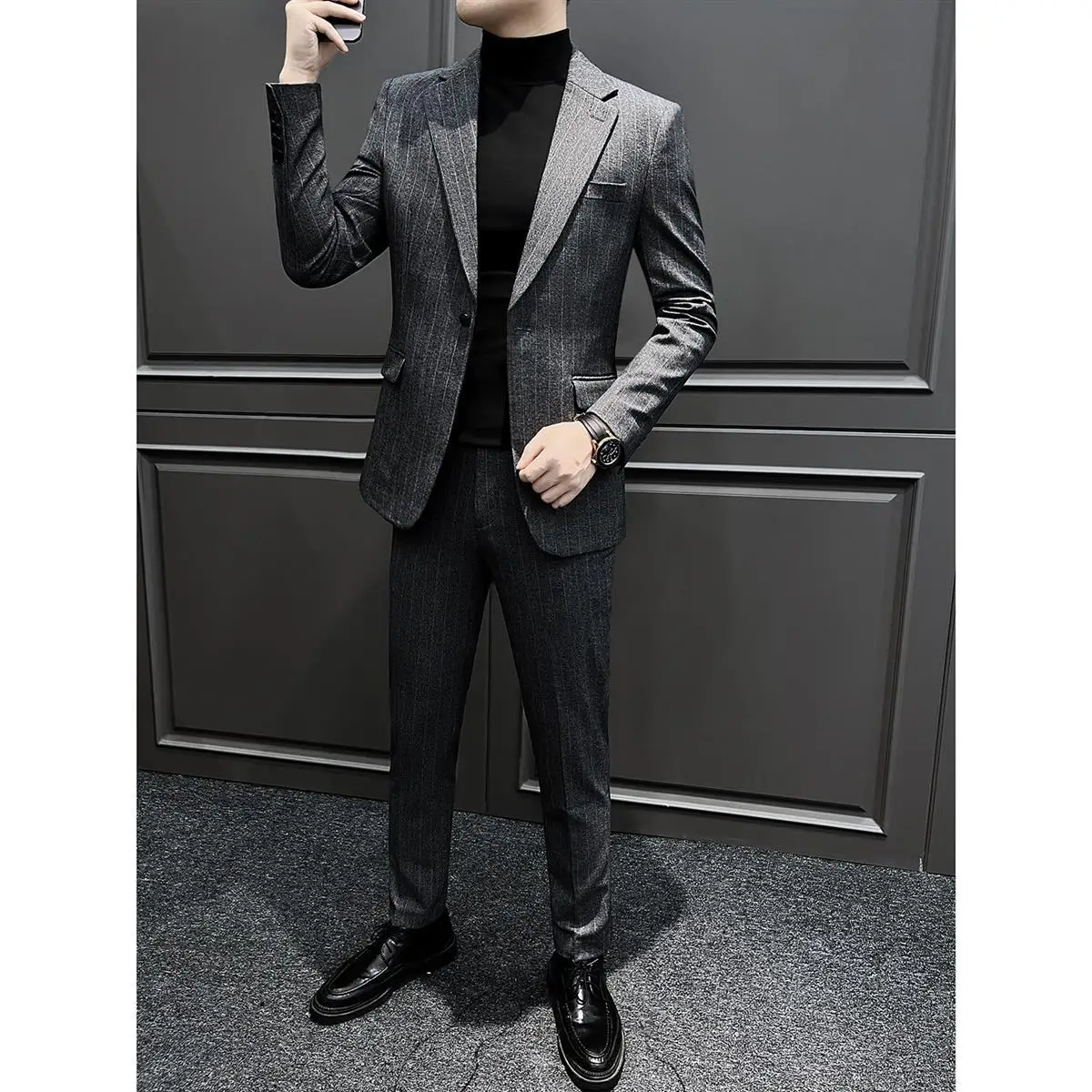 Striped Men's Set Wedding Korean Version Business Casual Stylish High-End Suit Jacket New Model