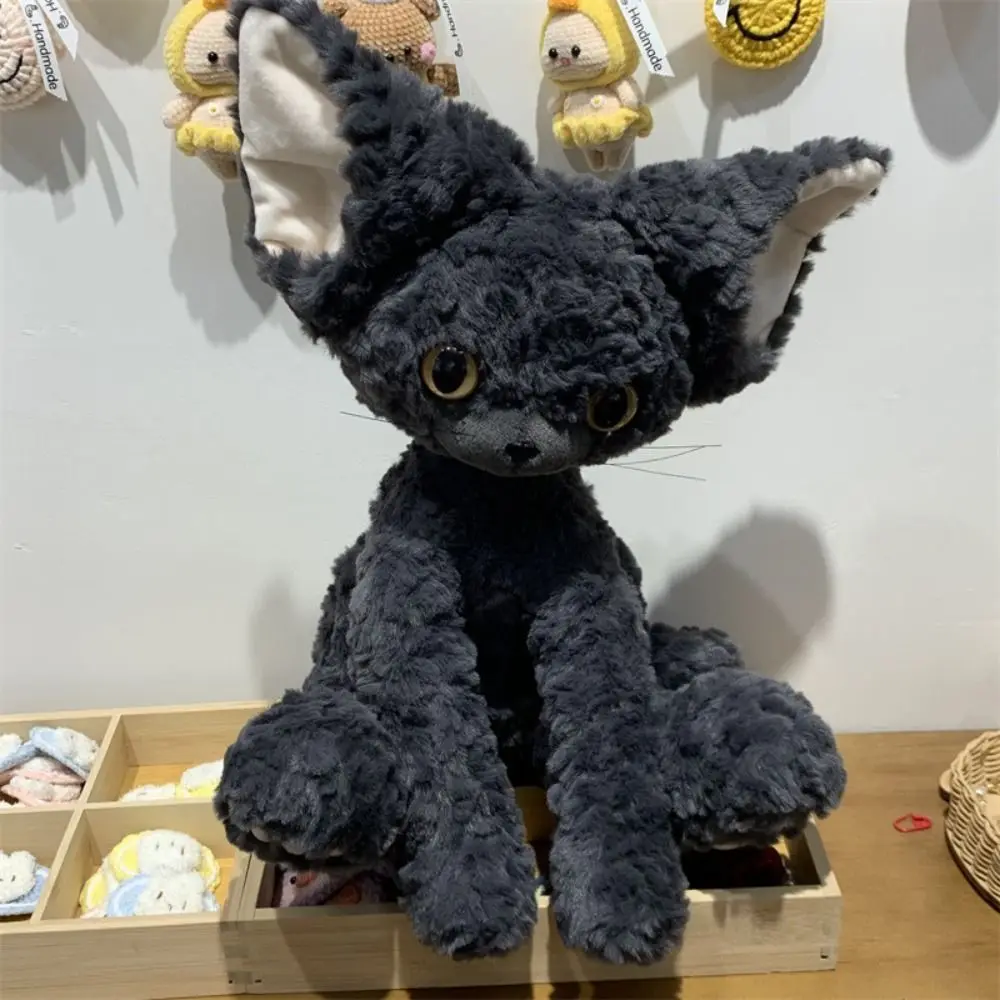 Cartoon Big Eyes Devon Rex Cat Plush Toy Soft Huggable Black Cat Plush Doll Stuffed Cute Devon Rex Animal Doll Festive Decor