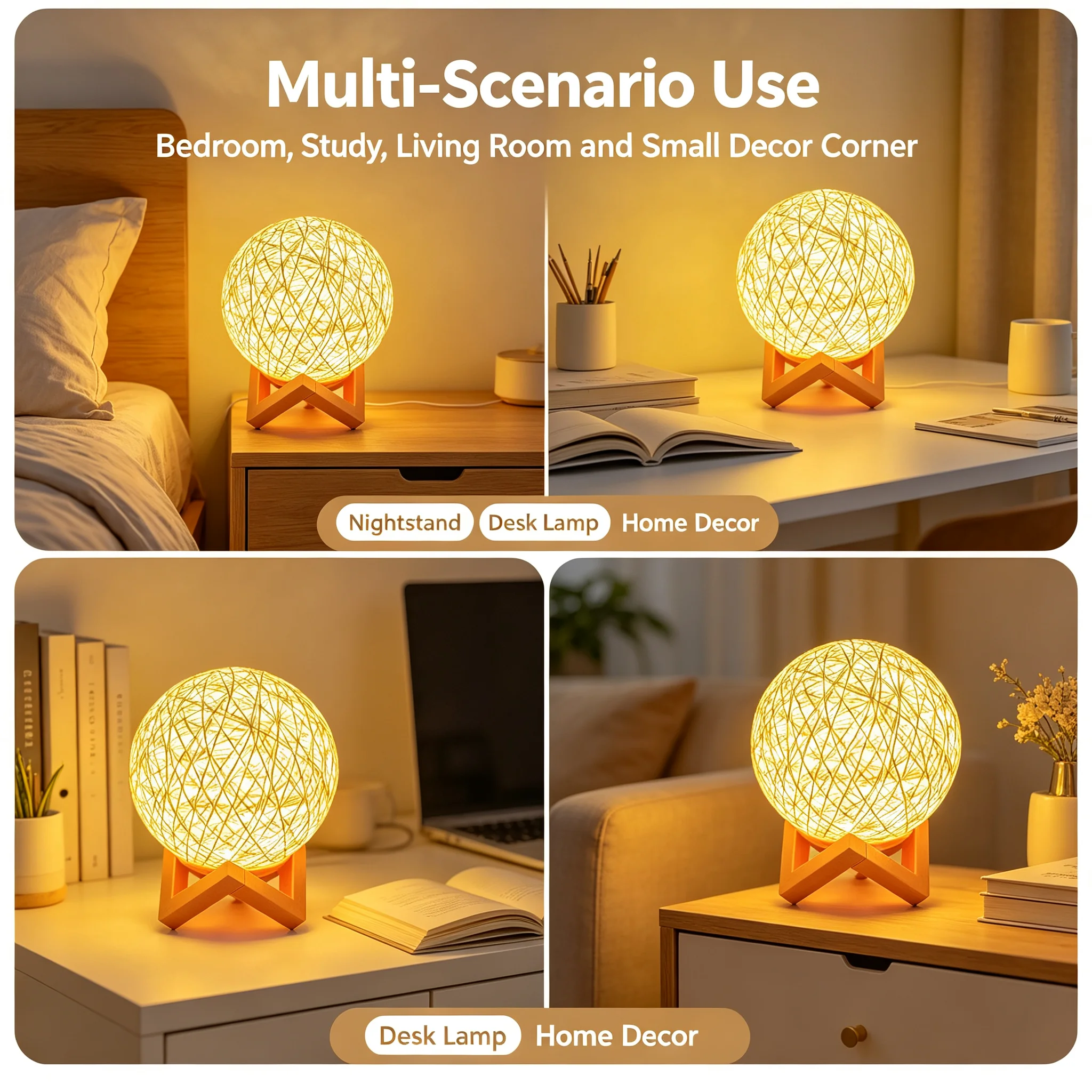 Rattan Ball LED Night Light, Warm White USB Table Lamp with Wooden Stand, Hand‑Woven Spherical Atmosphere Lamp for Bedroom Desk