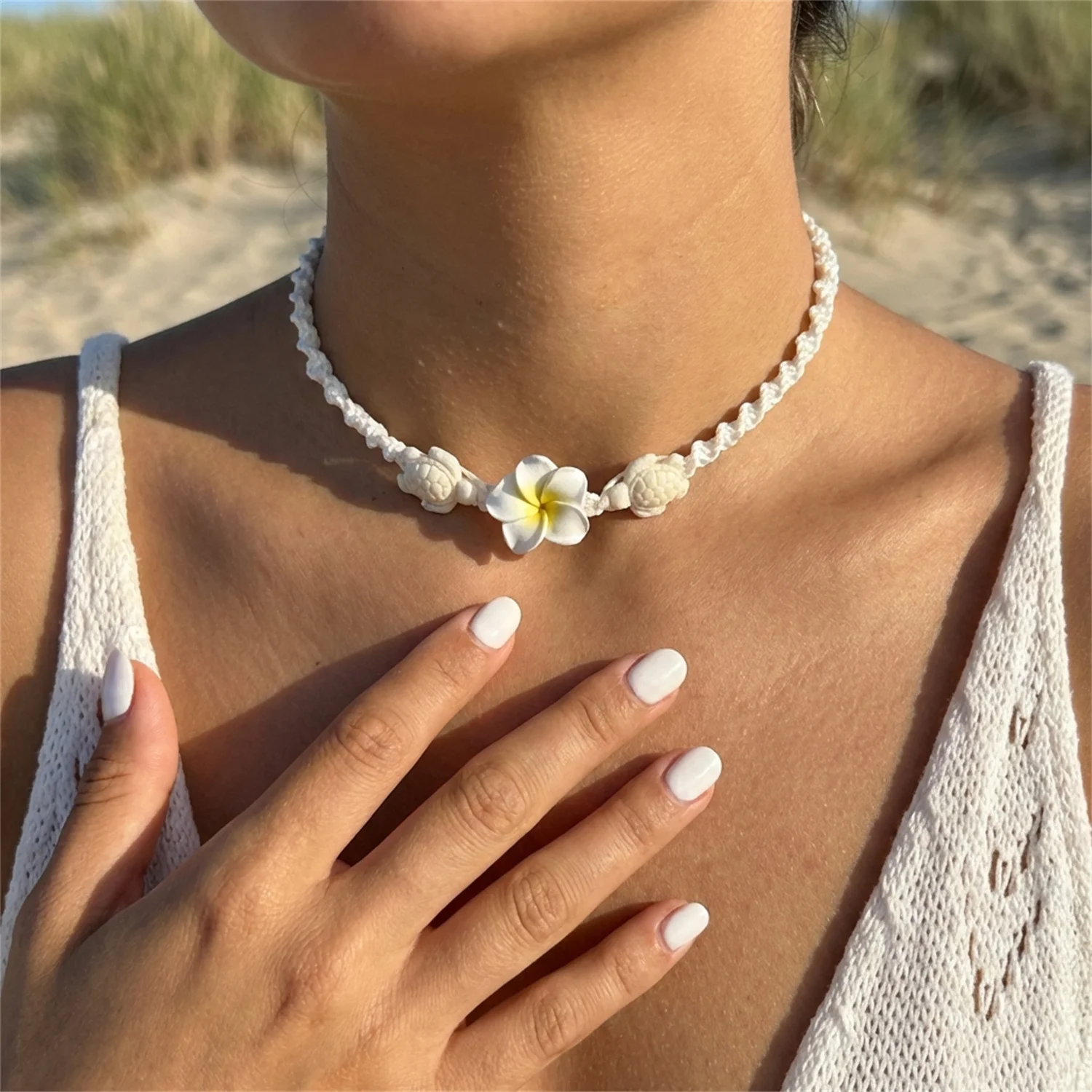 Boho Big Flower Choker Necklace For Women Fashion Red Yellow Blue Flowers Sea Turtle Hand-woven Rope Neck Chain Summer Jewelry view 4