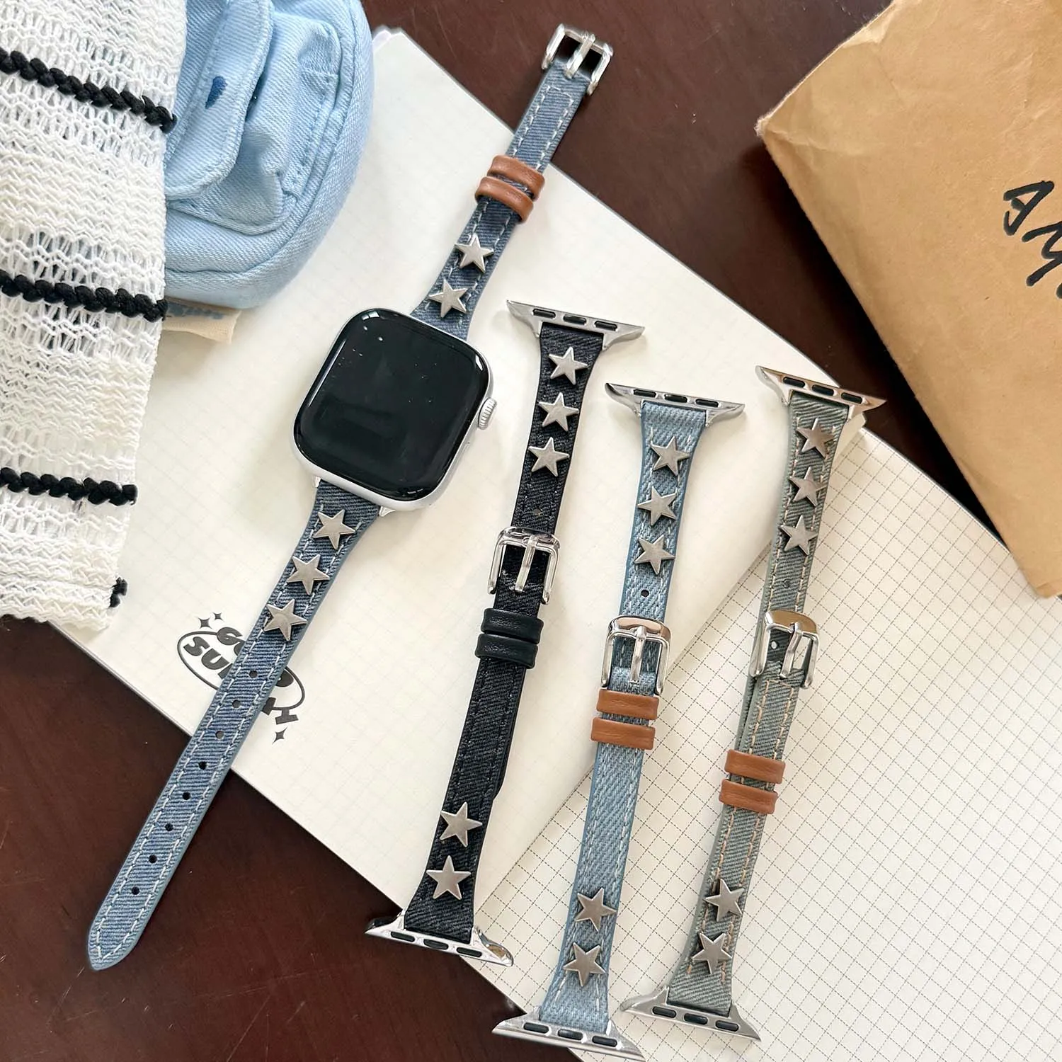 

Винтажный джинсовый холщовый кожаный ремешок для Apple Watch S10 46/45/44/42/40/41/38 мм, тонкий поясной ремешок для серии iwatch S11 S9 S8 S7