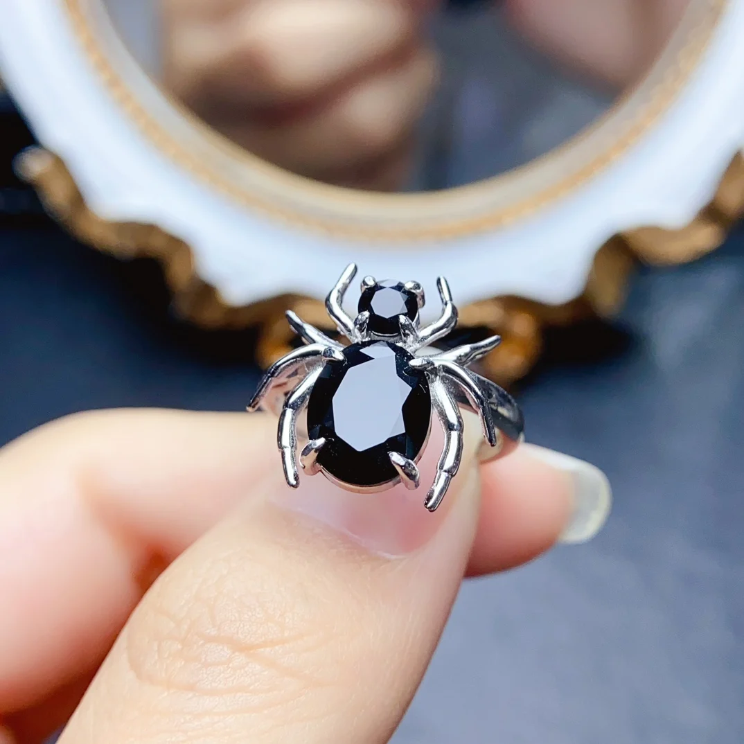 FS Fashion Real S925 Sterling Silver 8*10 Natural Black Spinel Spider Ring With Certificate Fine Charm Jewelry for Women MeiBaPJ
